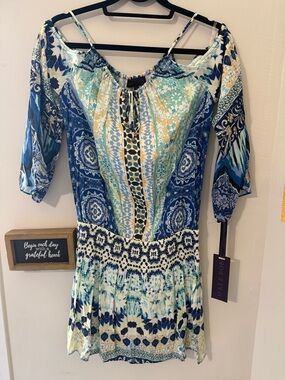 Hale Bob Teal, Blue & Cream Mixed-Print Off-Shoulder Tunic